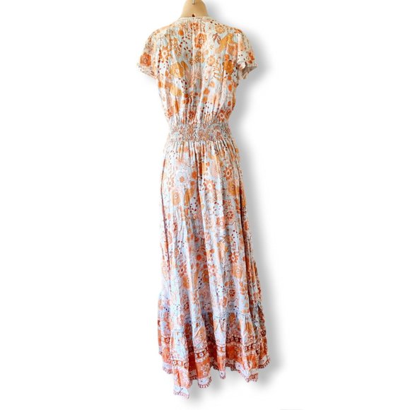 Honey Bunch blue orange + tan floral print high-low boho maxi dress fits AU 8-14 - Picture 3 of 15
